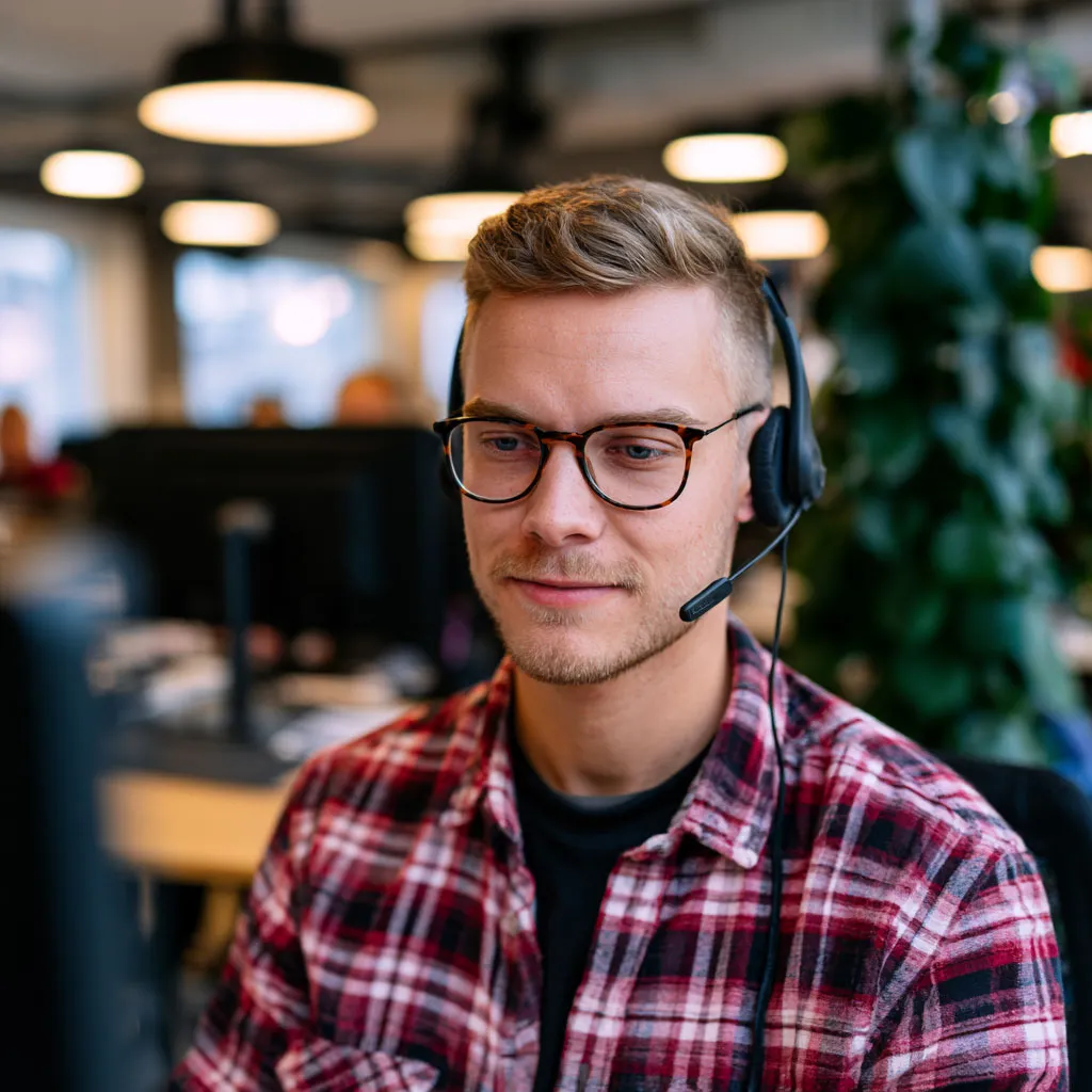 Asiakaspalvelija vastaa asiakkaan puheluun kuulokemikrofonilla contact center -ympäristössä